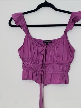 Mixed Threads Los Angeles Satin Ruffled Peplum Cropped Tank Top Magenta Plum S
